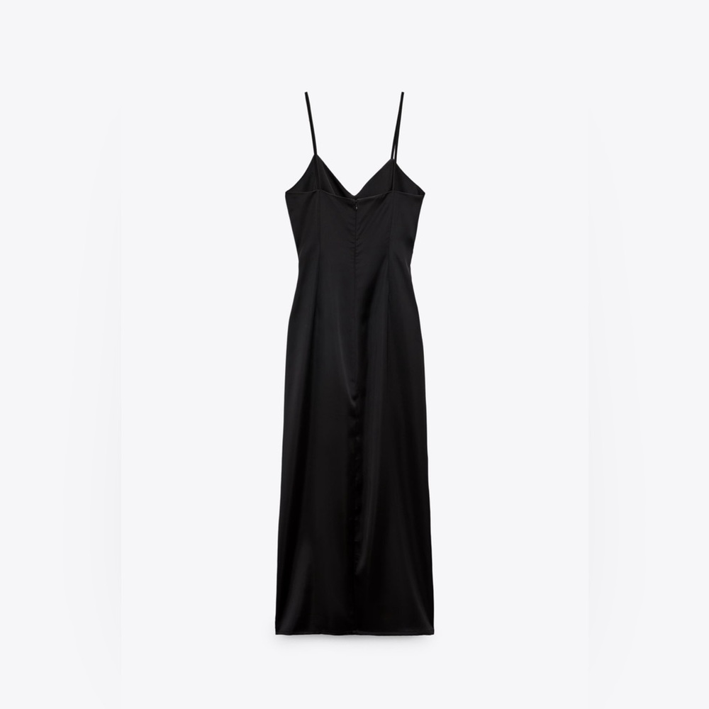 New with Tags Zara Black Midi Ruched Satin Dress with Slit Size XS - Picture 3 of 13